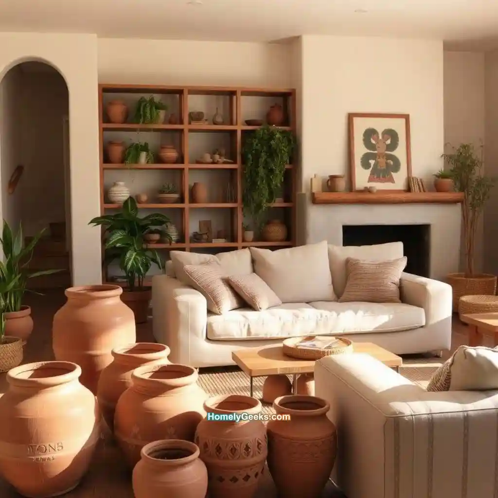 11. Earthy Boho Living Room with Clay Pots and Wooden Shelves