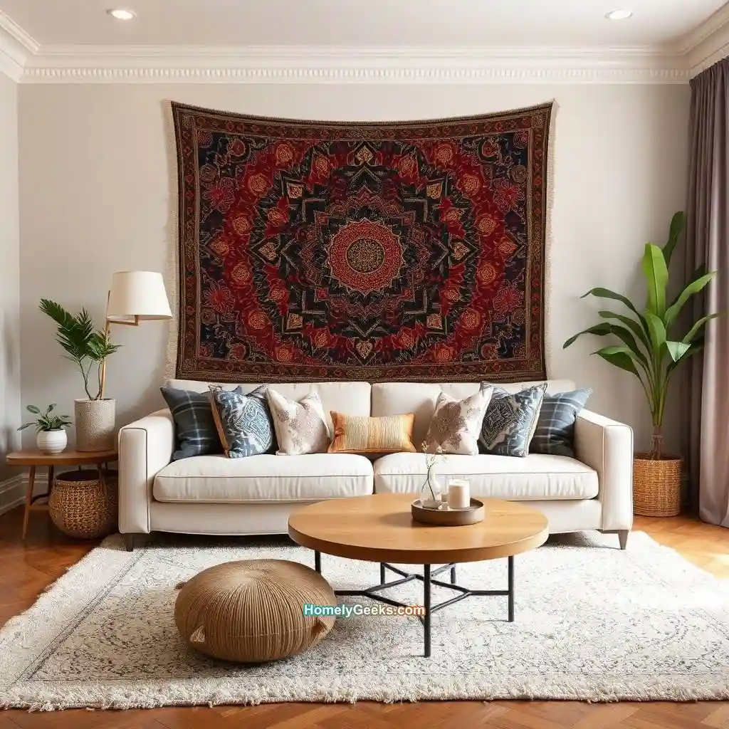 12. Boho Living Room with Statement Tapestry