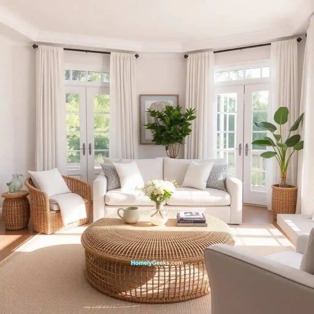 13. Boho Living Room with Rattan Coffee Table and Light Fabrics