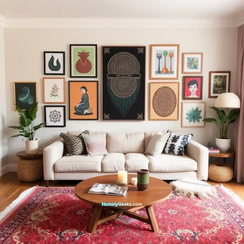 14. Boho Living Room with a Gallery Wall of Art