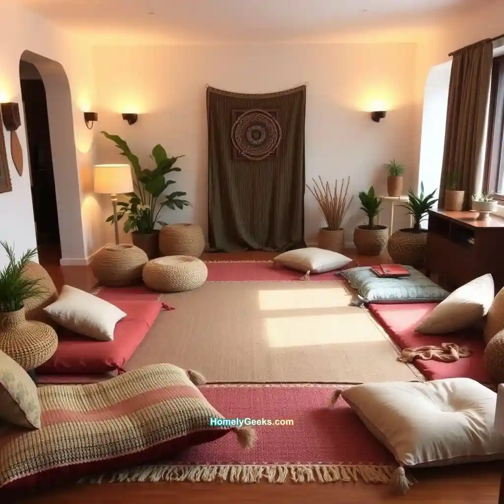 15. Boho Living Room with Floor Cushions and Low Seating
