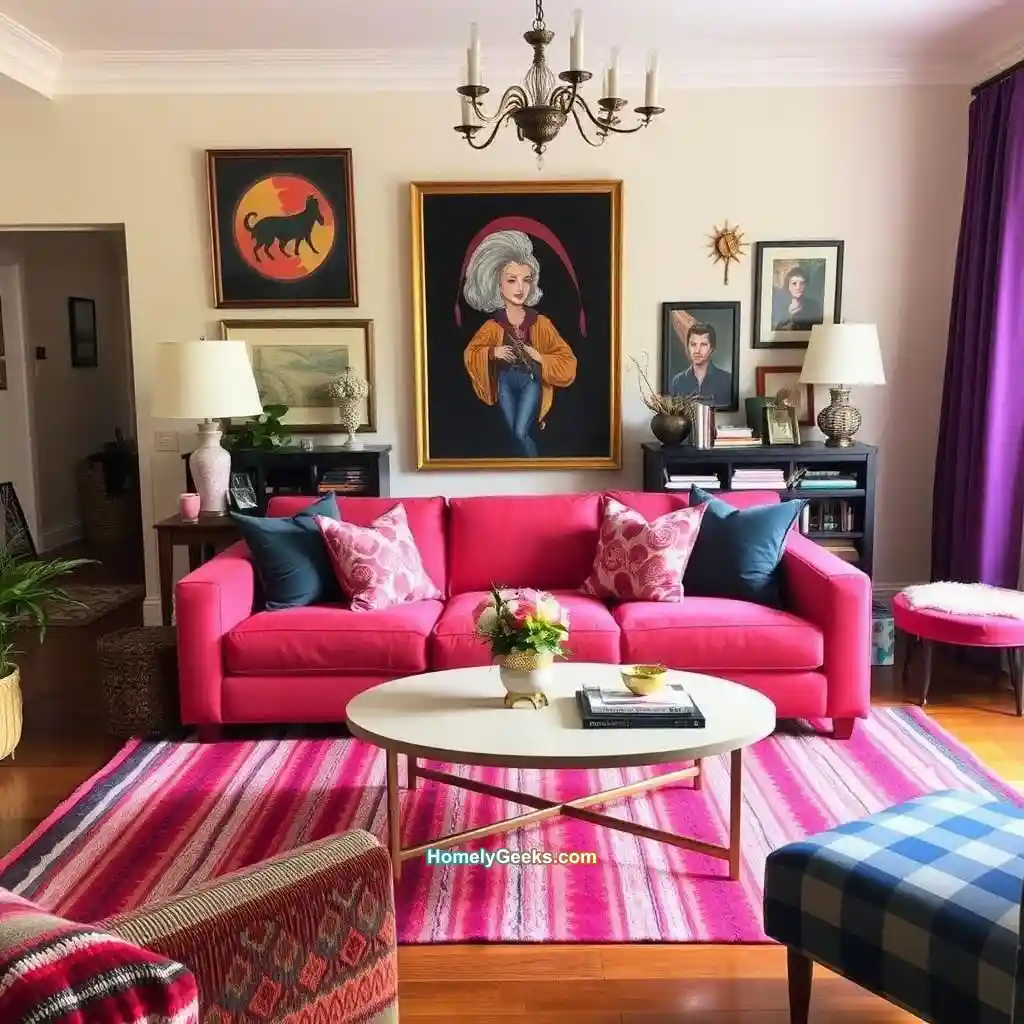16. Colorful Boho Living Room with Striped Rugs and Velvet Pillows