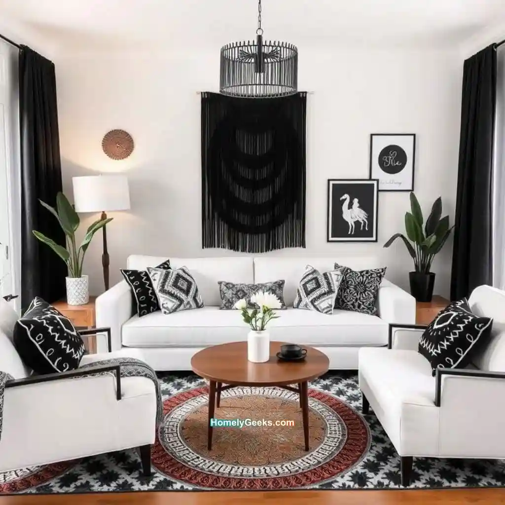 17. Monochrome Boho Living Room with Black and White Decor