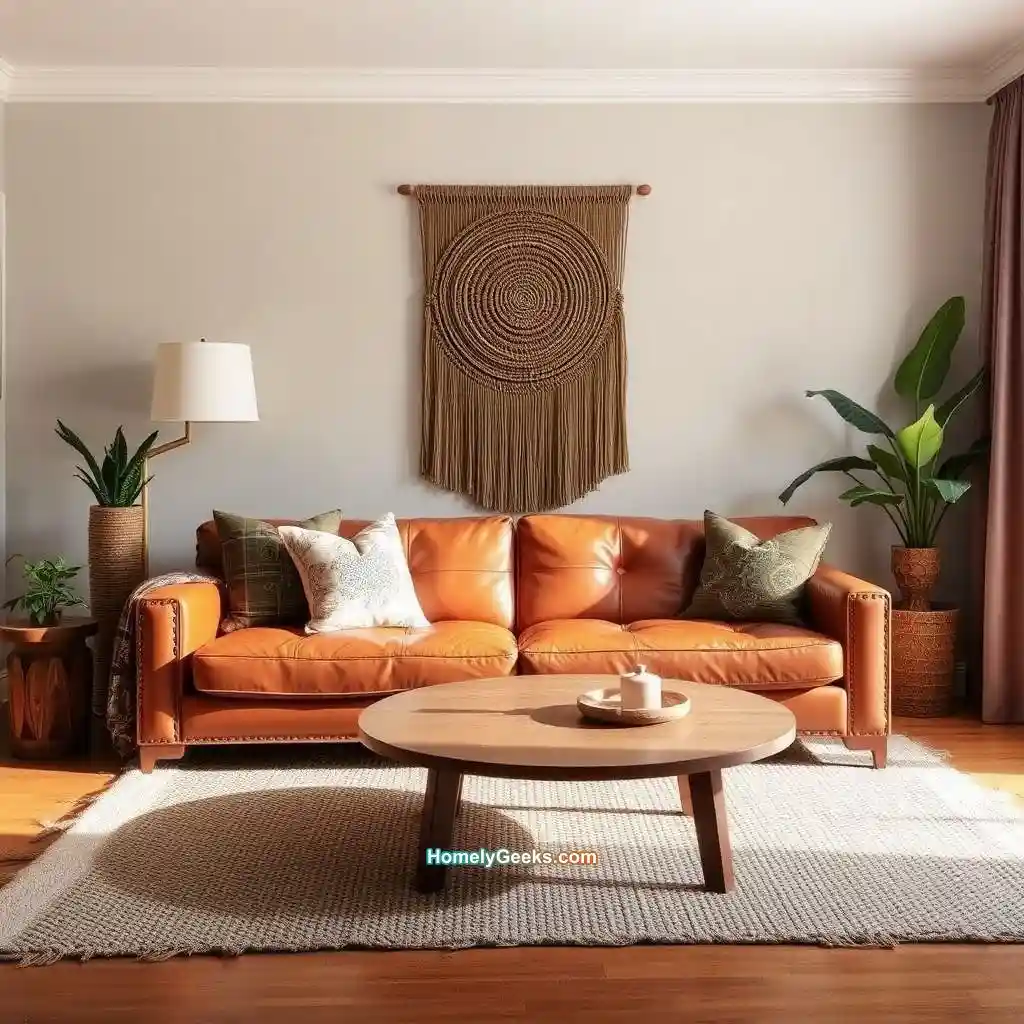 18. Boho Living Room with Leather Sofa and Woven Wall Art