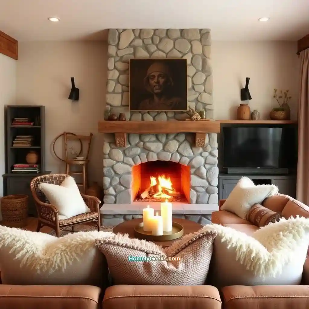 19. Boho Living Room with Natural Stone Fireplace and Wood Accents