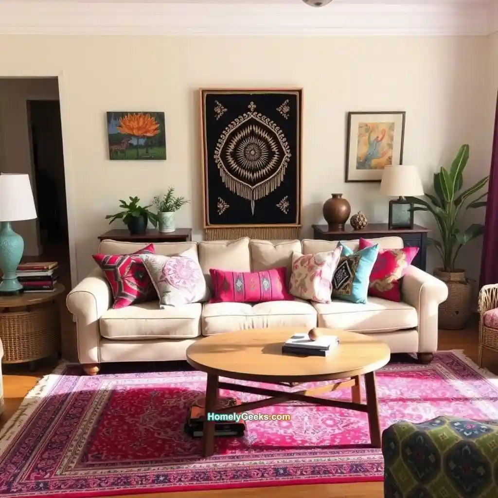 2. Bold Boho Living Room with Bright Pillows