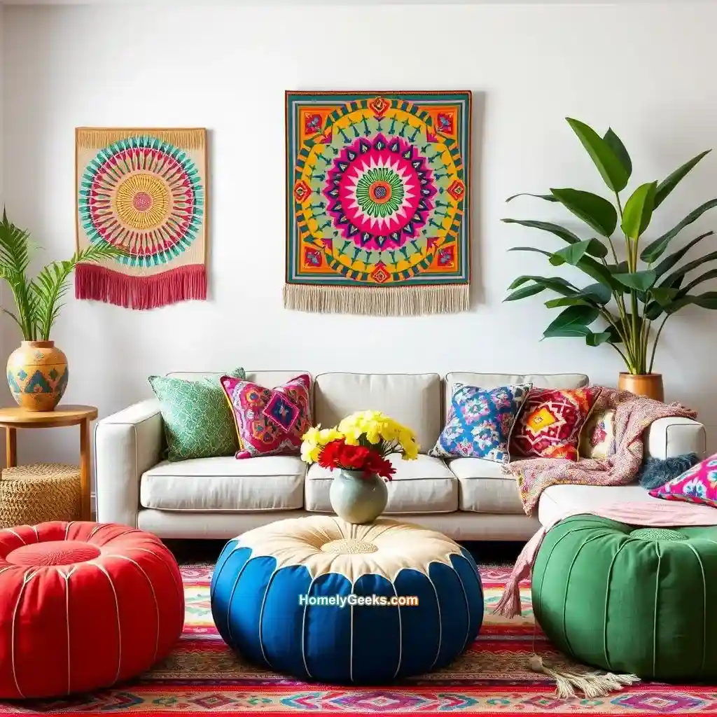 20. Boho Living Room with Colorful Poufs and a Neutral Sofa
