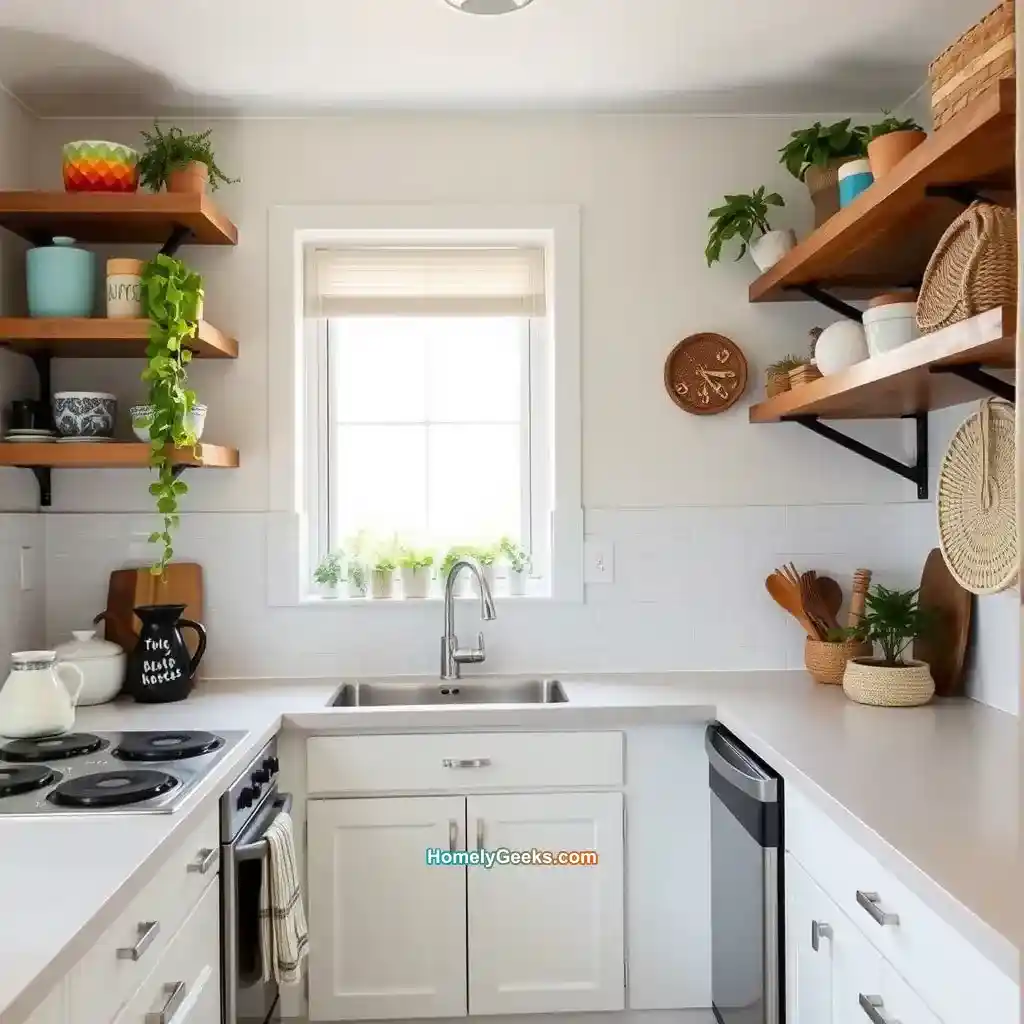20. Compact Boho Kitchen with Floating Shelves