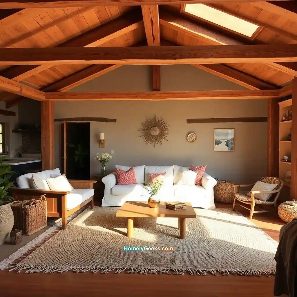 21. Rustic Boho Living Room with Exposed Wooden Beams