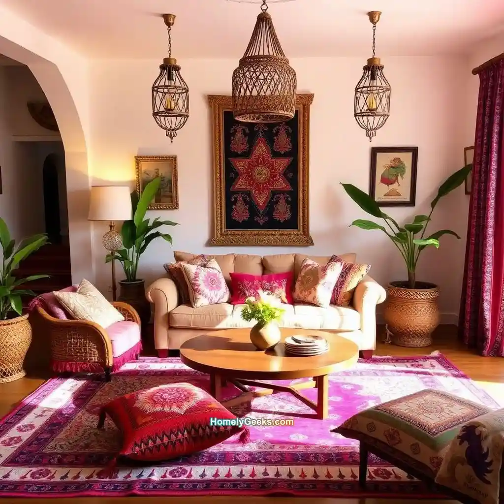 22. Boho Living Room with Moroccan-Style Accents