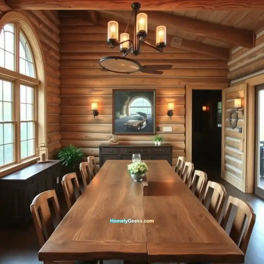 22. Rustic Dining with Log Walls and Vintage Lighting
