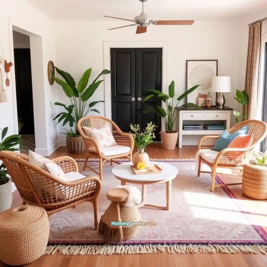 23. Boho Living Room with Wicker Chairs and Geometric Rug
