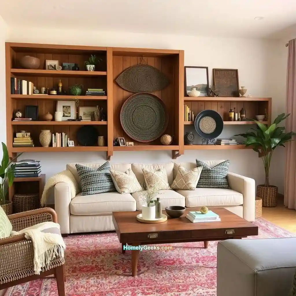24. Boho Living Room with Open Shelving and Vintage Decor