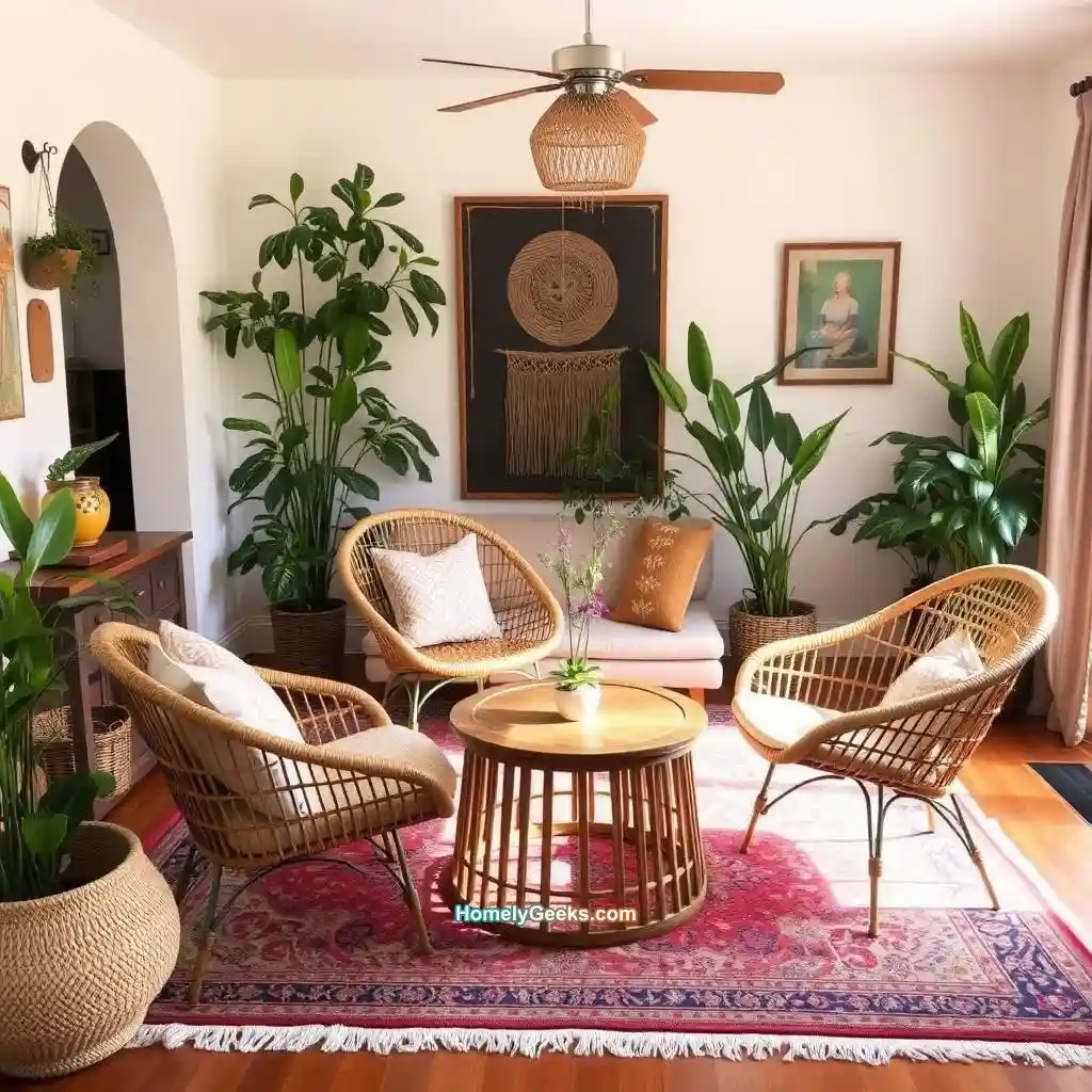 3. Vintage Boho Living Room with Rattan Furniture