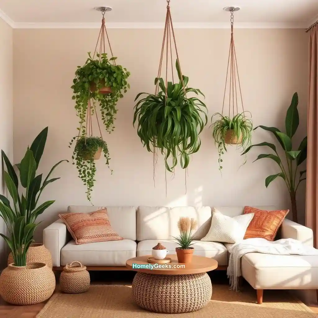 4. Boho Living Room with Hanging Plants and Earthy Tones