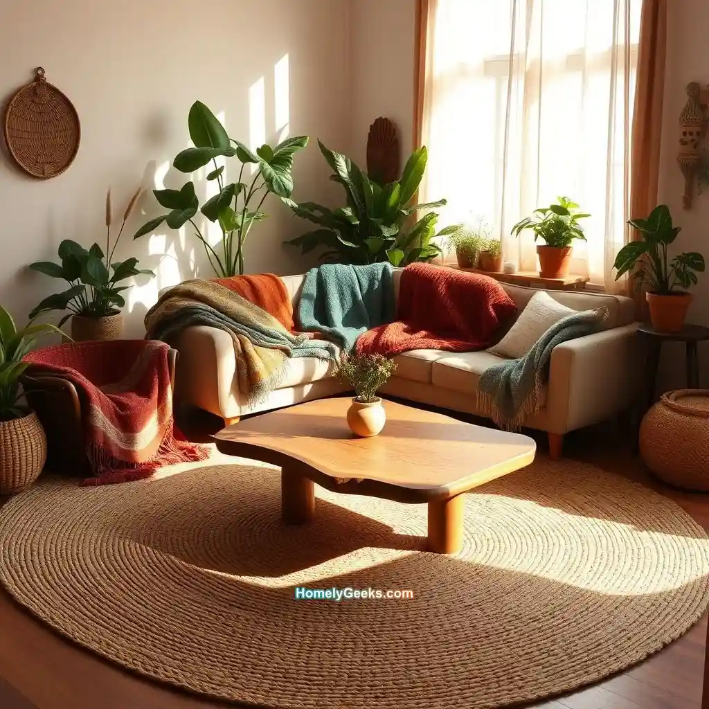 6. Boho Living Room with Woven Textures and Wooden Decor