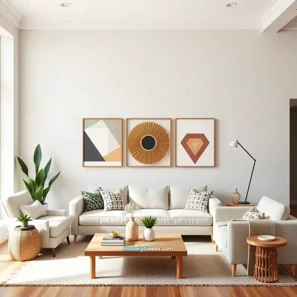 7. Boho Chic Living Room with Geometric Wall Art