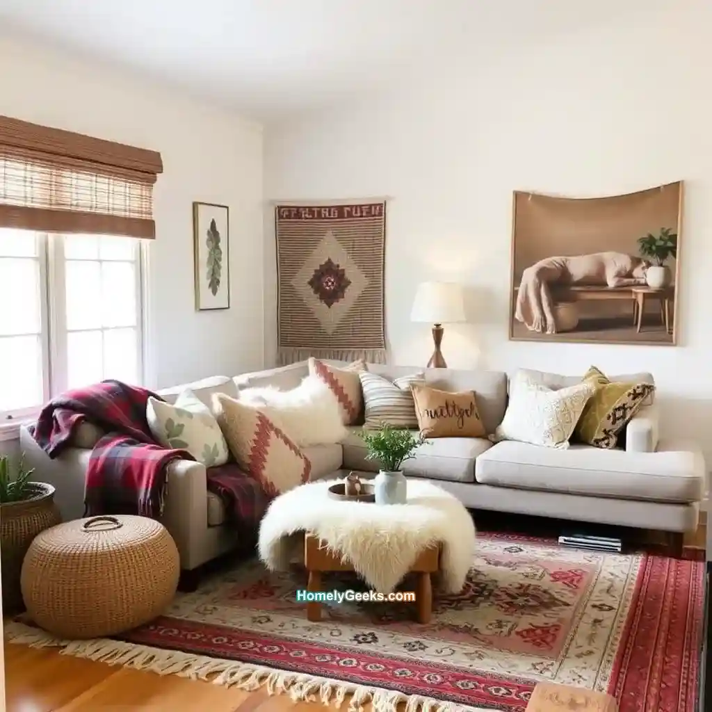 8. Cozy Boho Living Room with Layered Rugs