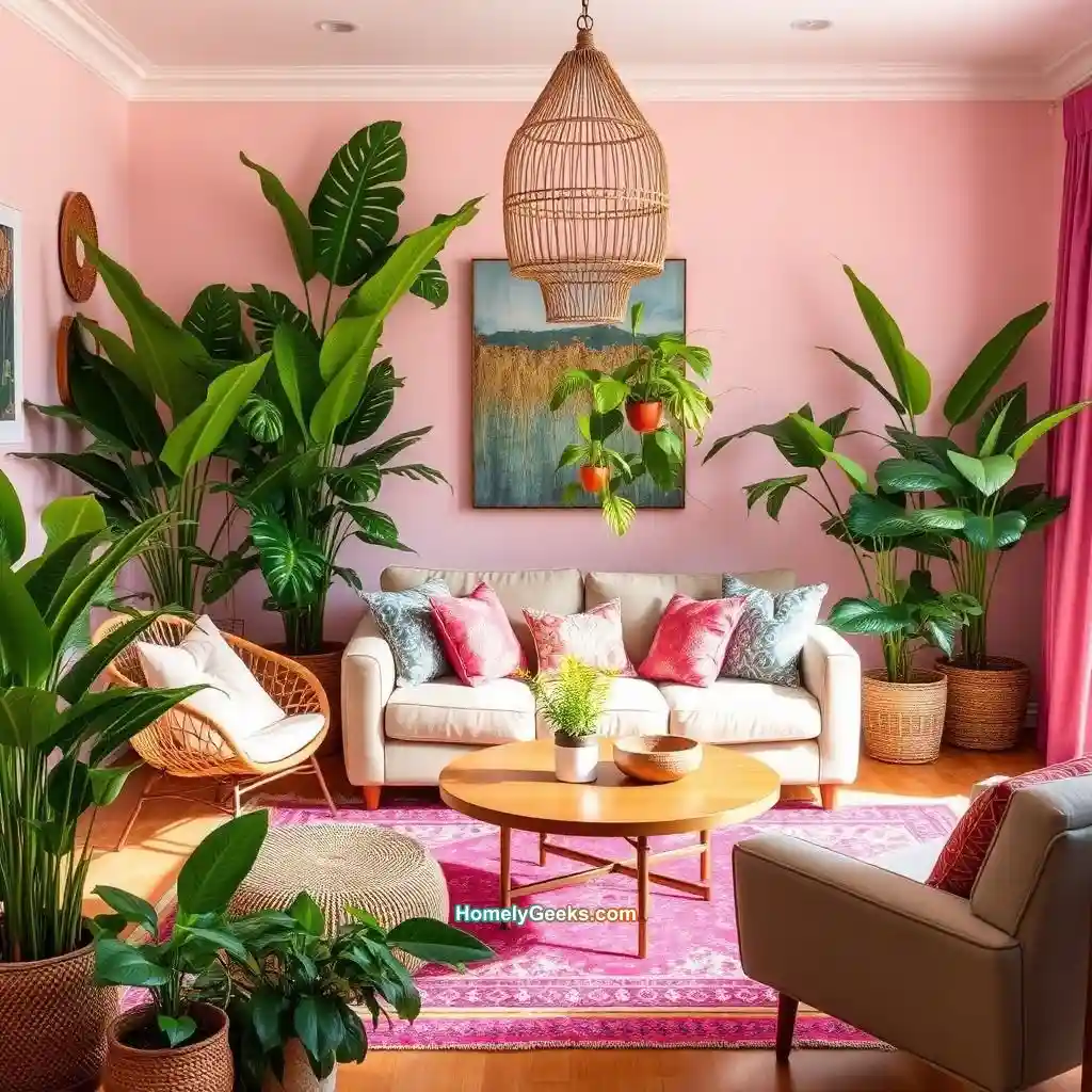 9. Bright Boho Living Room with Tropical Plants