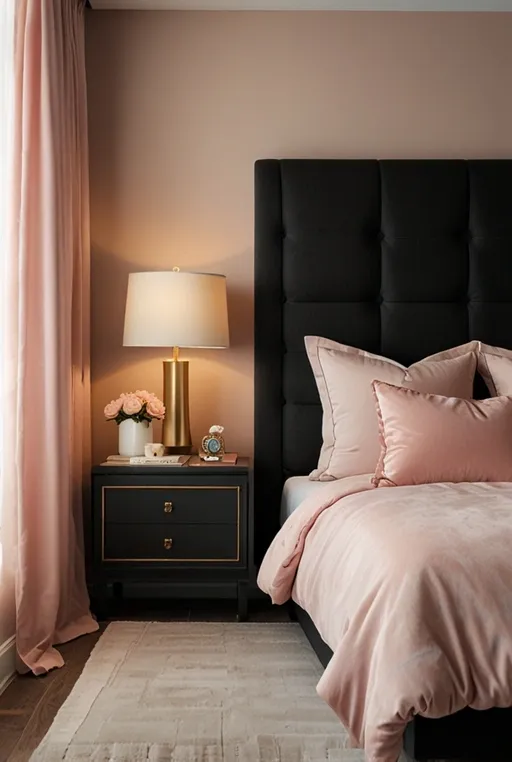 1. Bold Black Accent Wall with Soft Pink Bedding
