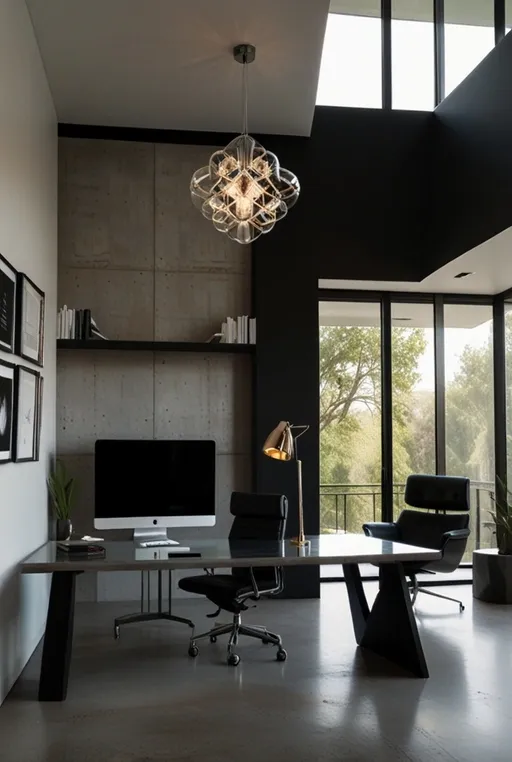 1. Minimalist Modern Home Office with Desktop and Statement Lighting
