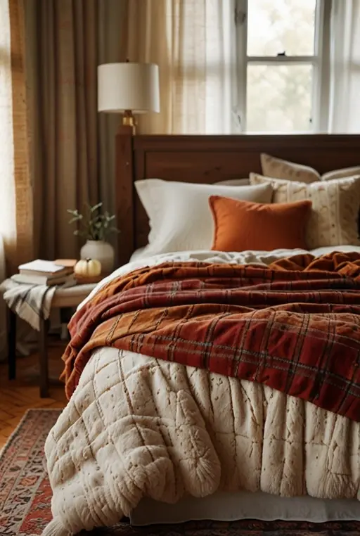 1. Soft Plaid Bedding with Fall-Inspired Accents