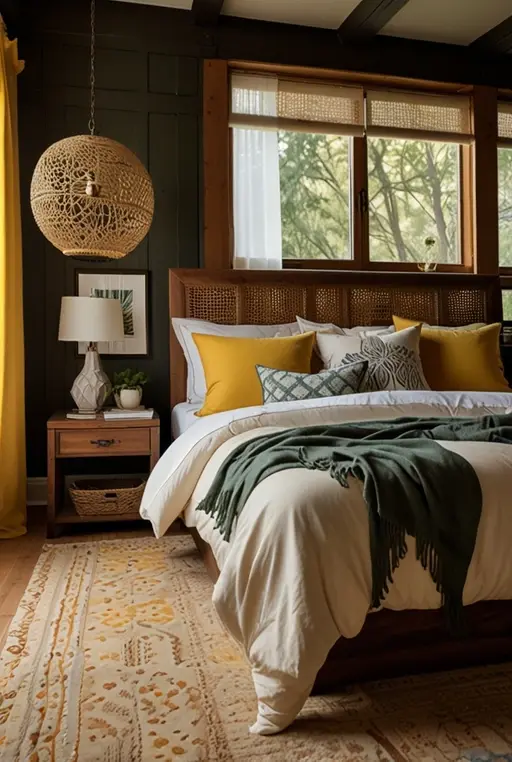 1. Vibrant Yellow Bedroom with Rustic Accents