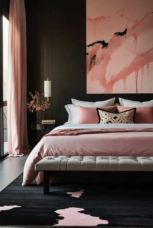 10. Chic Black Bed with Soft Pink Bedding and Abstract Art