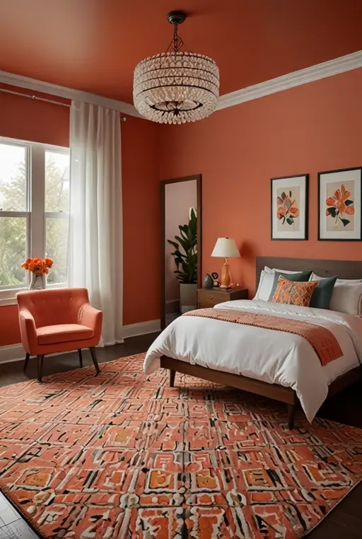 10. Energizing Coral Bedroom with Retro Vibes