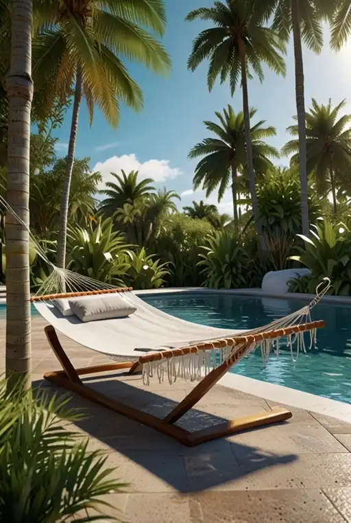 10. Hammock Tied Between Two Bamboo Poles by the Pool