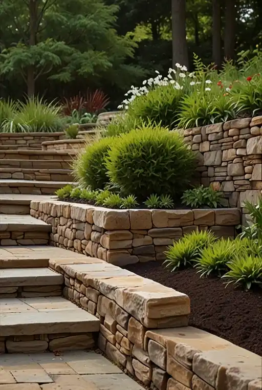 10. Sloped Yard with Multi-Section Retaining Walls and Pathways