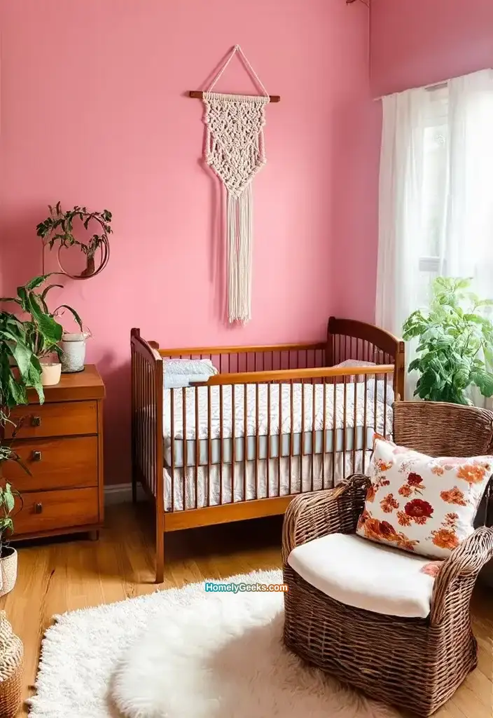 10. Vintage Boho Nursery with Pink Accent Wall