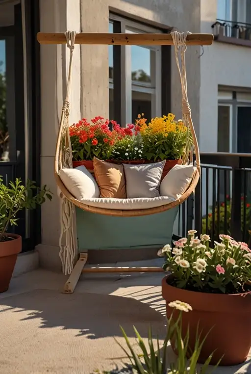11. Balcony with Soft Cat Hammock and Plants