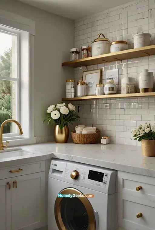 11. Chic White and Gold Laundry Room with Floating Shelves