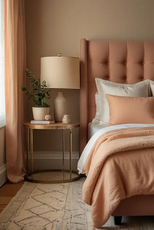 11. Cozy Peach Bedroom with Soft Textures