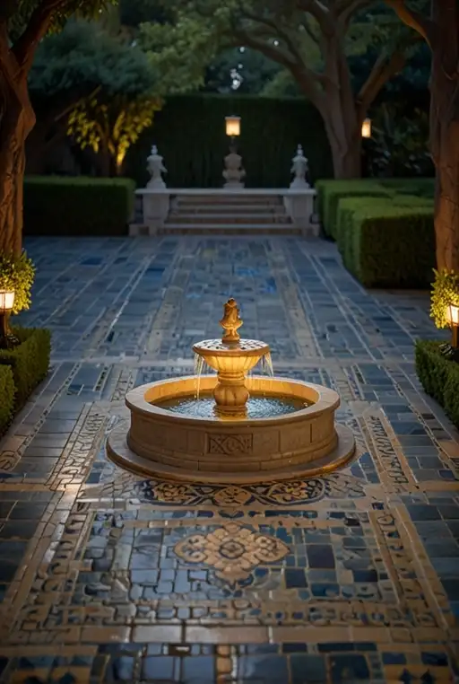 11. Elegant Patio with Mosaic Pavers and Fountain Feature