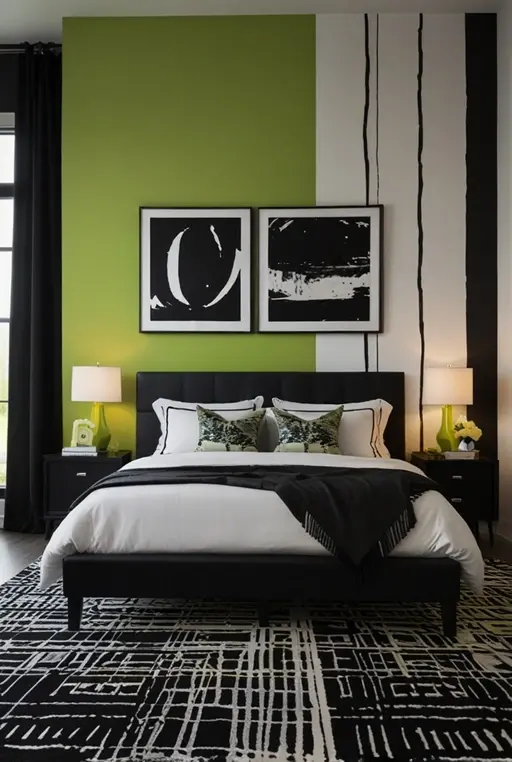 12. Energetic Lime Green Bedroom with Geometric Patterns