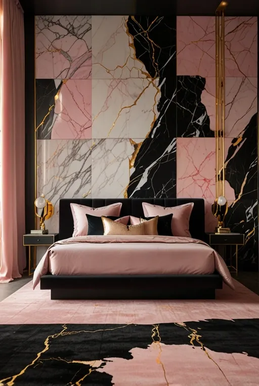 12. Modern Black and Pink Bedroom with Marble Accents