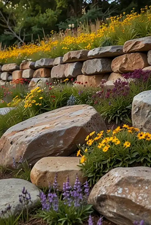 12. Rustic Boulder Retaining Wall with Wildflower Garden