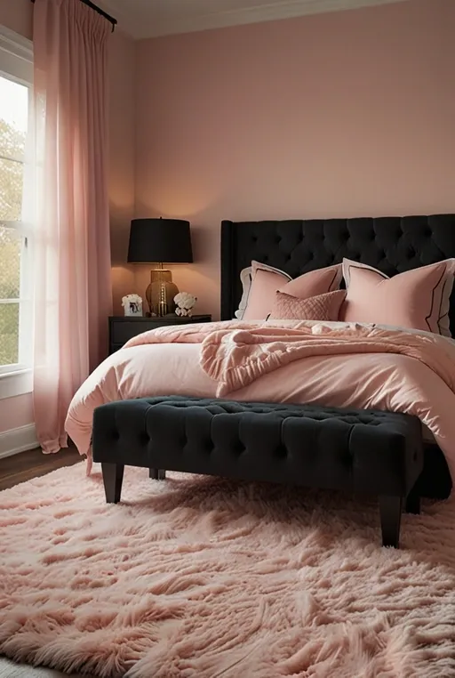 13. Black Bed with Pink Tufted Headboard and Cozy Decor