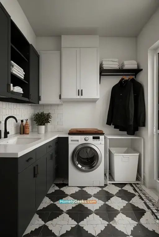 13. Black-and-White Themed Laundry Space