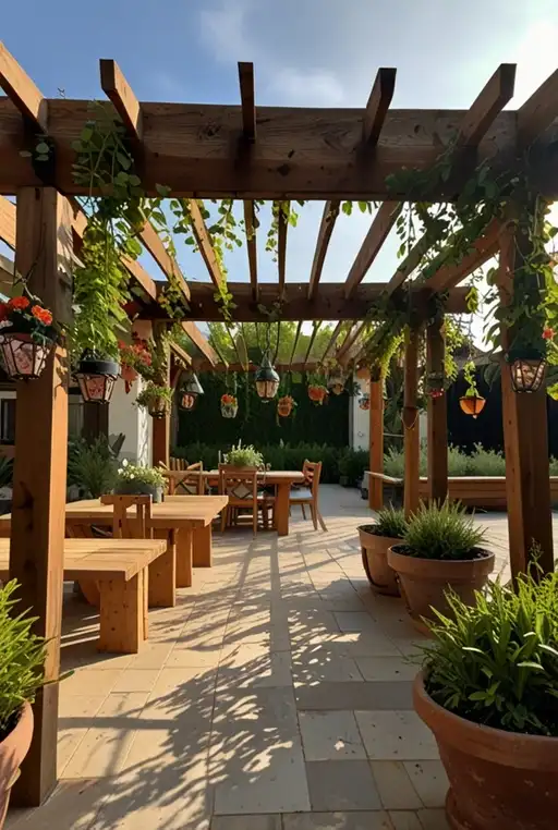 13. Pergola Roof with Hanging Planters for an Lush Patio