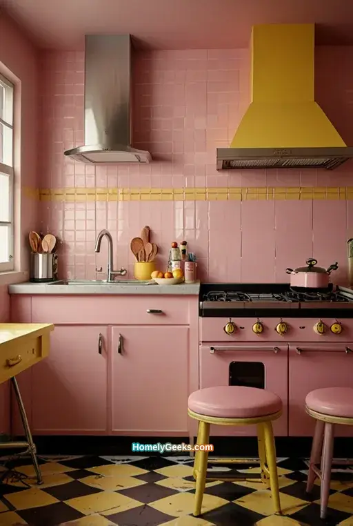 13. Retro Pink and Yellow Kitchen with Vintage Charm