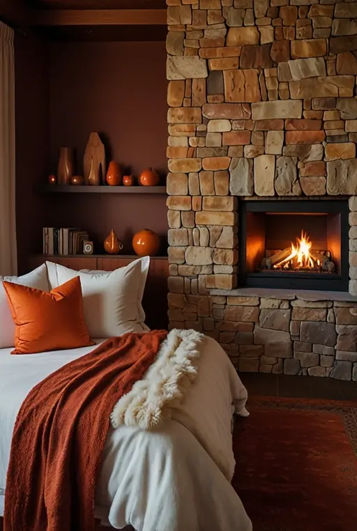 13. Rich Copper Tones with a Fireplace