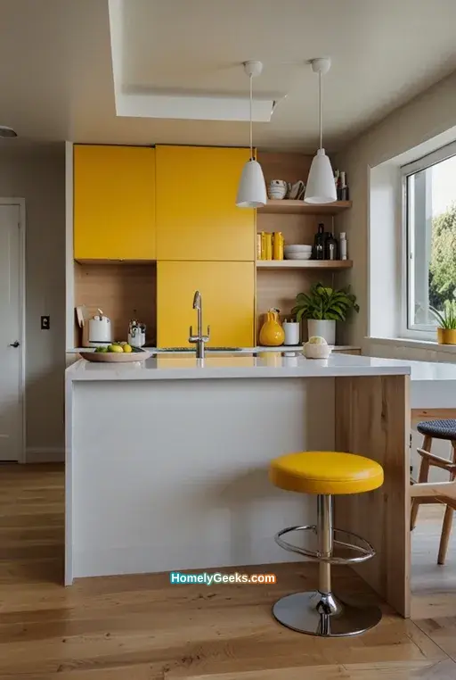 13. Small Kitchen with Bright Yellow Accents