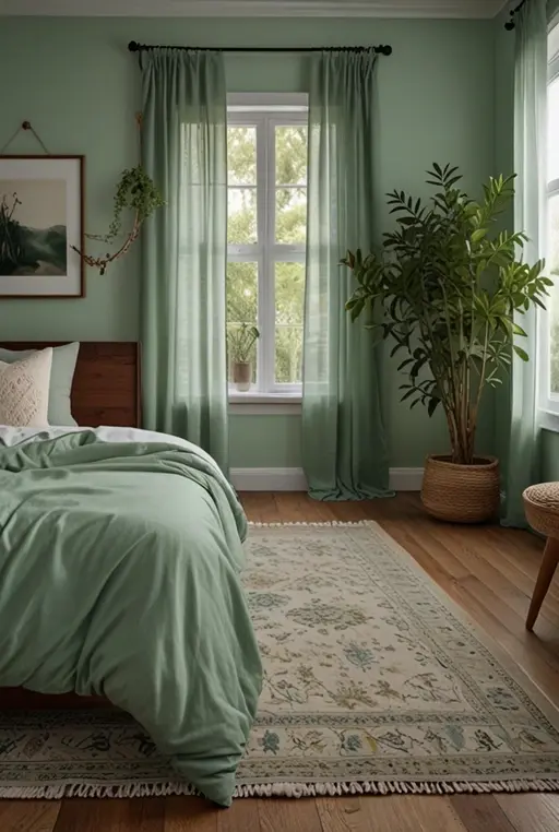13. Tranquil Mint Green Bedroom with Wooden Accents