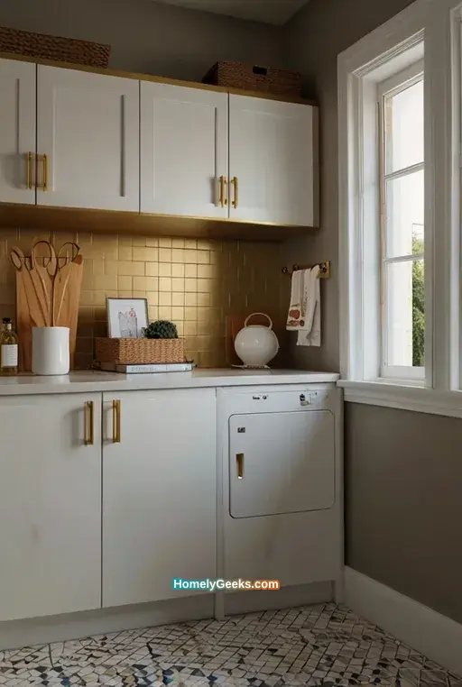 14. Compact White Laundry Room with Gold-Framed Art
