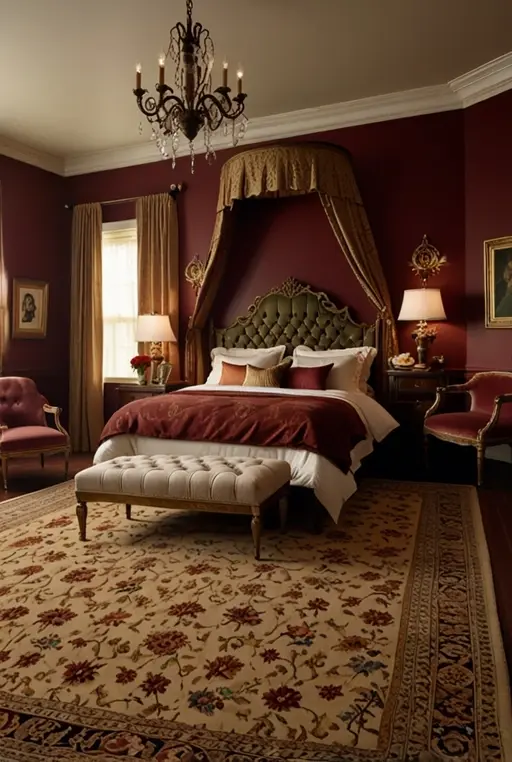 14. Elegant Burgundy Bedroom with Vintage Charm