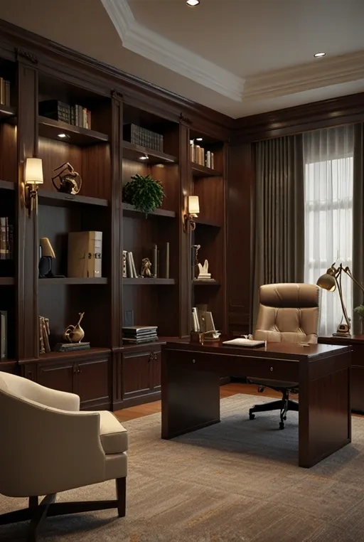 14. Elegant Home Office with Desktop and Luxurious Leather Furniture