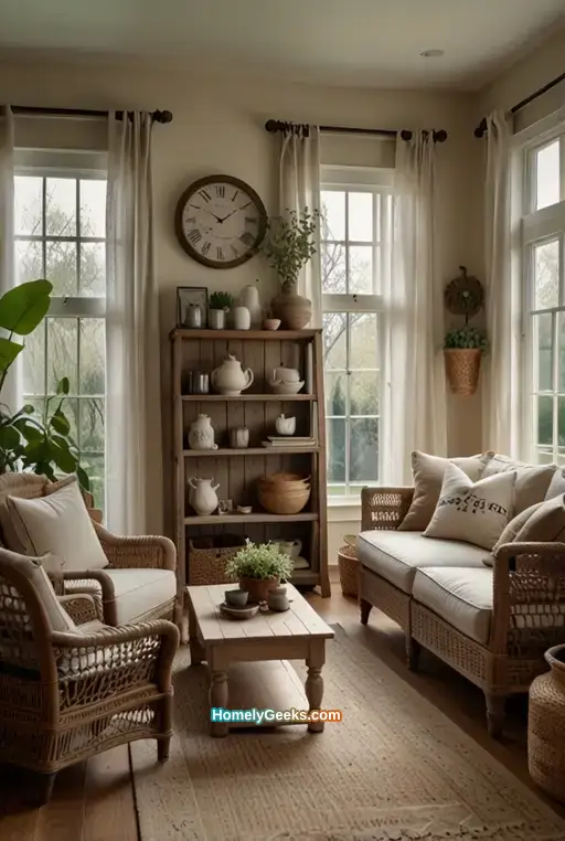 14. Farmhouse Living Room with Wicker Furniture